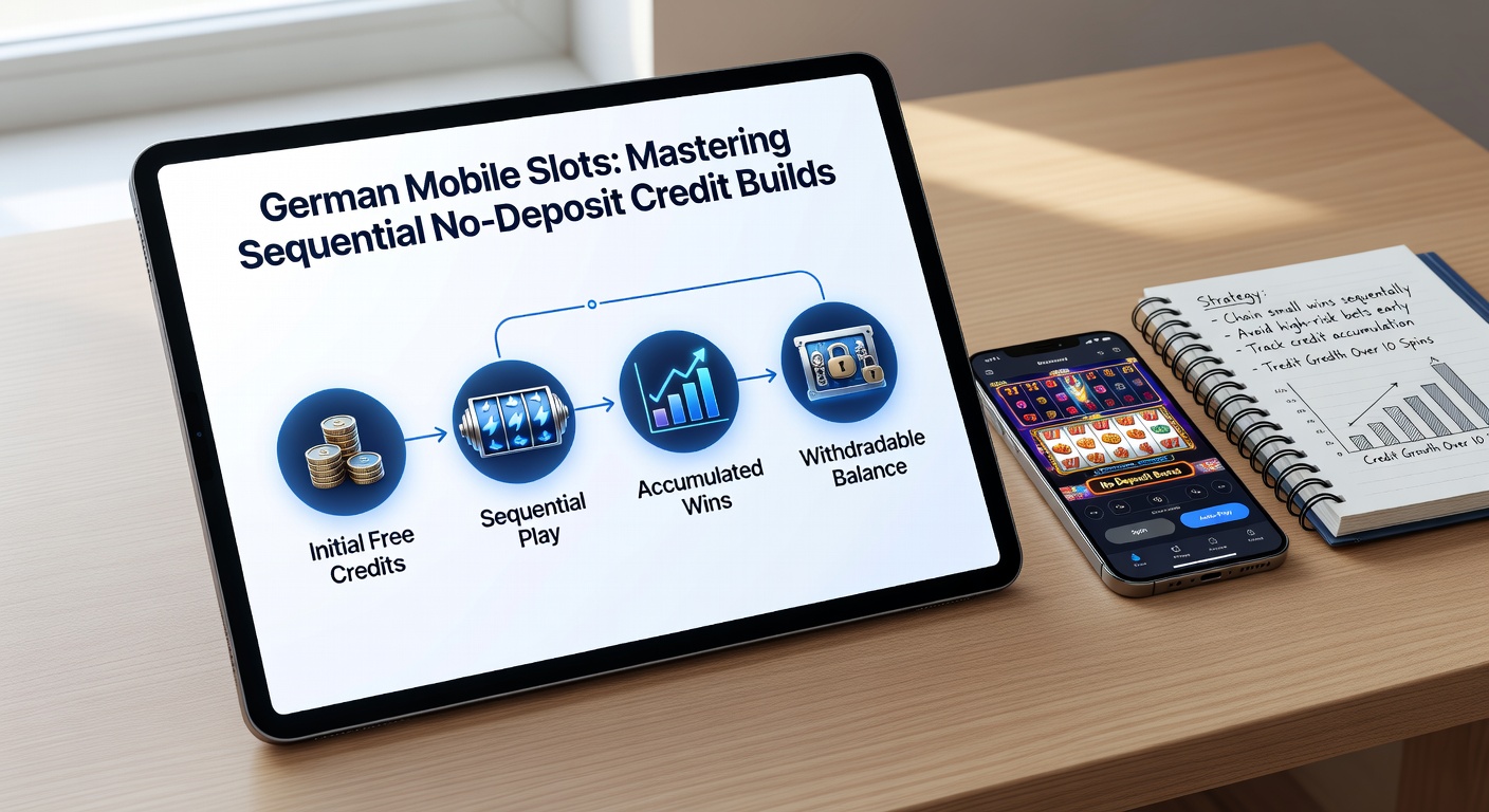Detaillierte Grafik eines sequentiellen No-Deposit-Bonus-Aufbaus auf einem Mobile Slot, mit Balkendiagrammen für Credit-Wachstum und Wettanforderungen