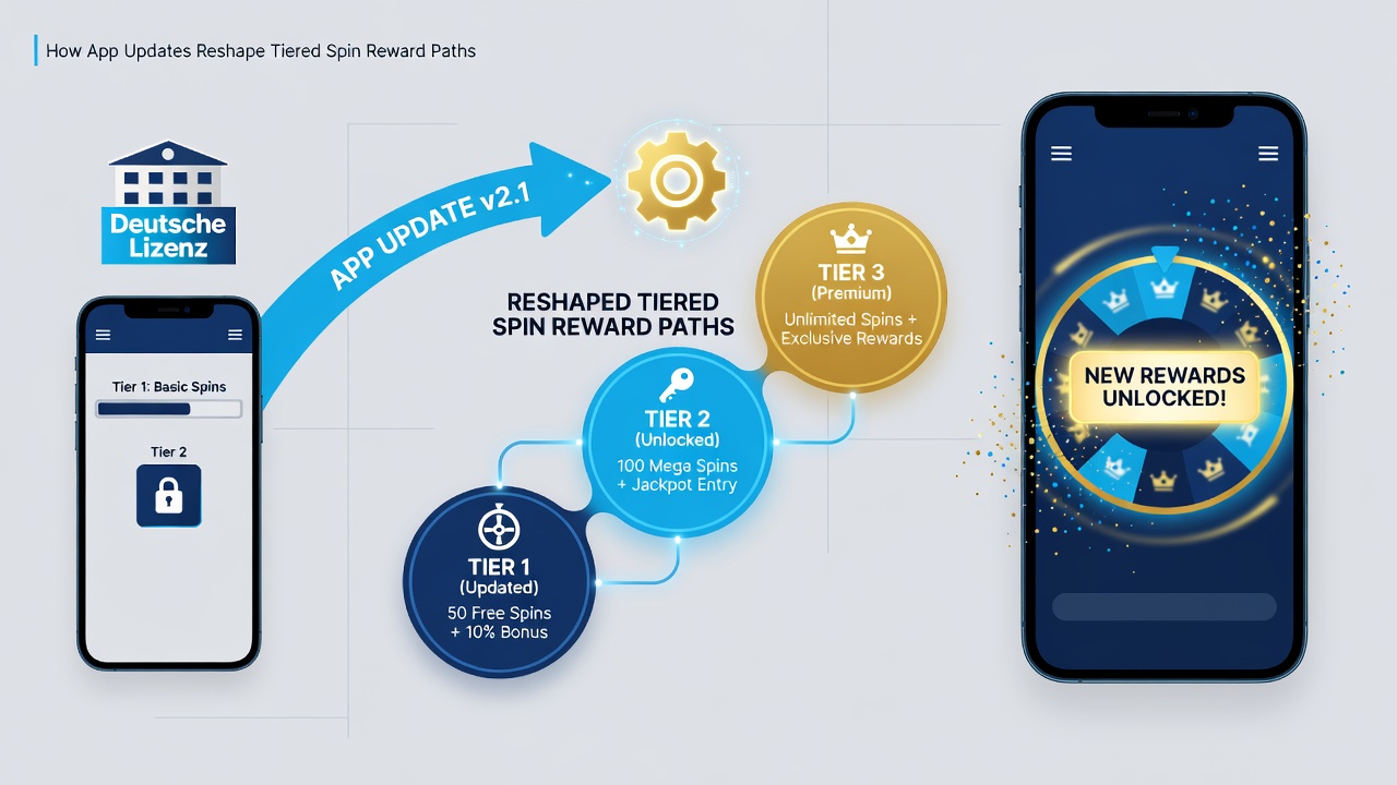 Darstellung von gestaffelten Spin-Reward-Pfaden nach einem App-Update auf einer lizenzierten deutschen Plattform