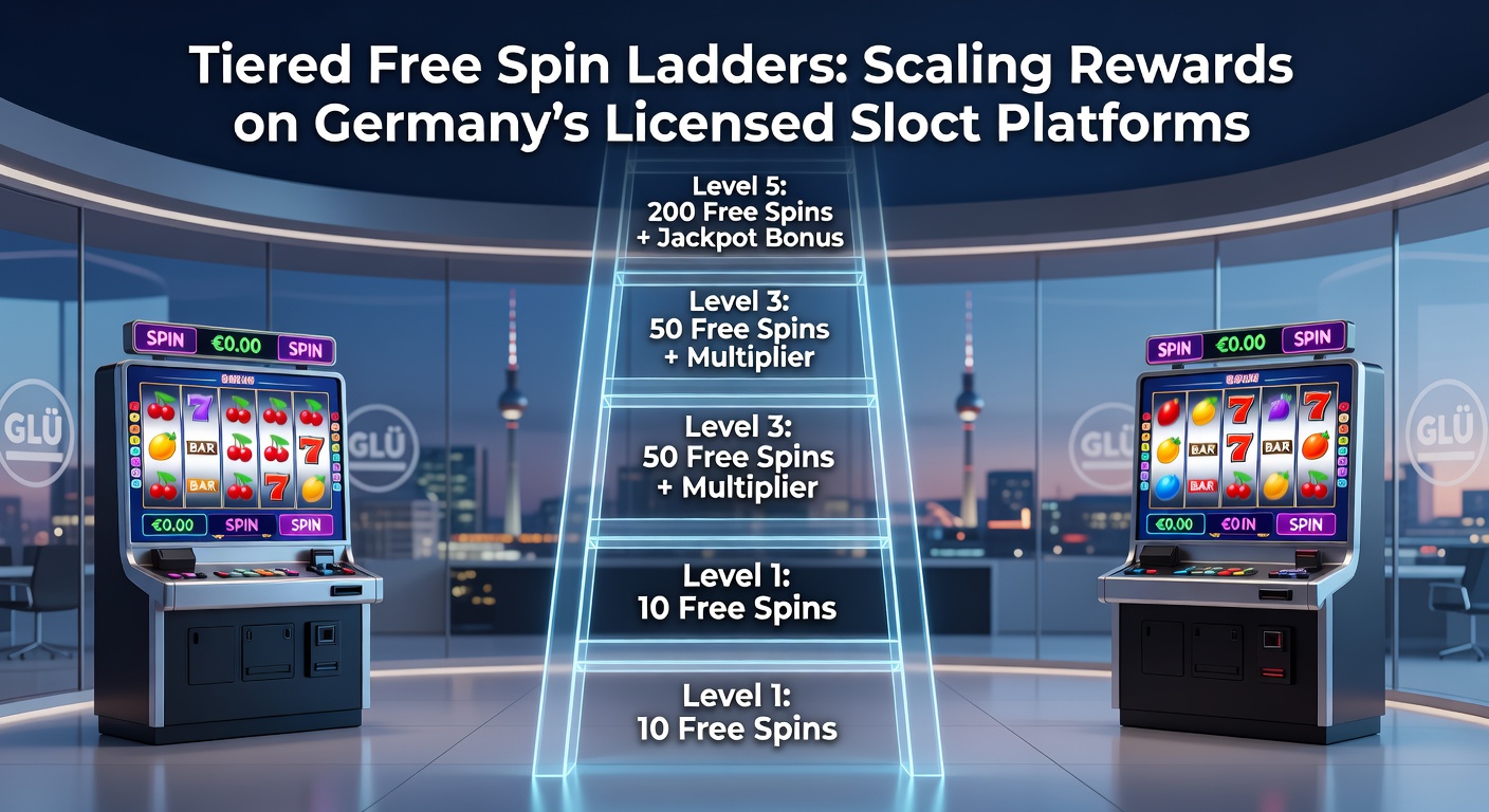 Grafische Darstellung einer gestuften Freispiel-Leiter mit aufsteigenden Belohnungsstufen auf einer Slot-Plattform
